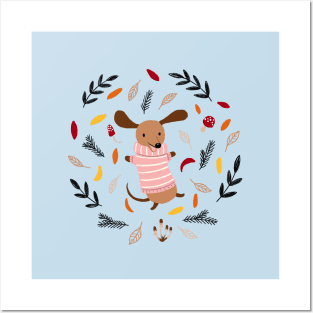 Cute Dachshund in Winter Sweater in Autumn Leaves Posters and Art